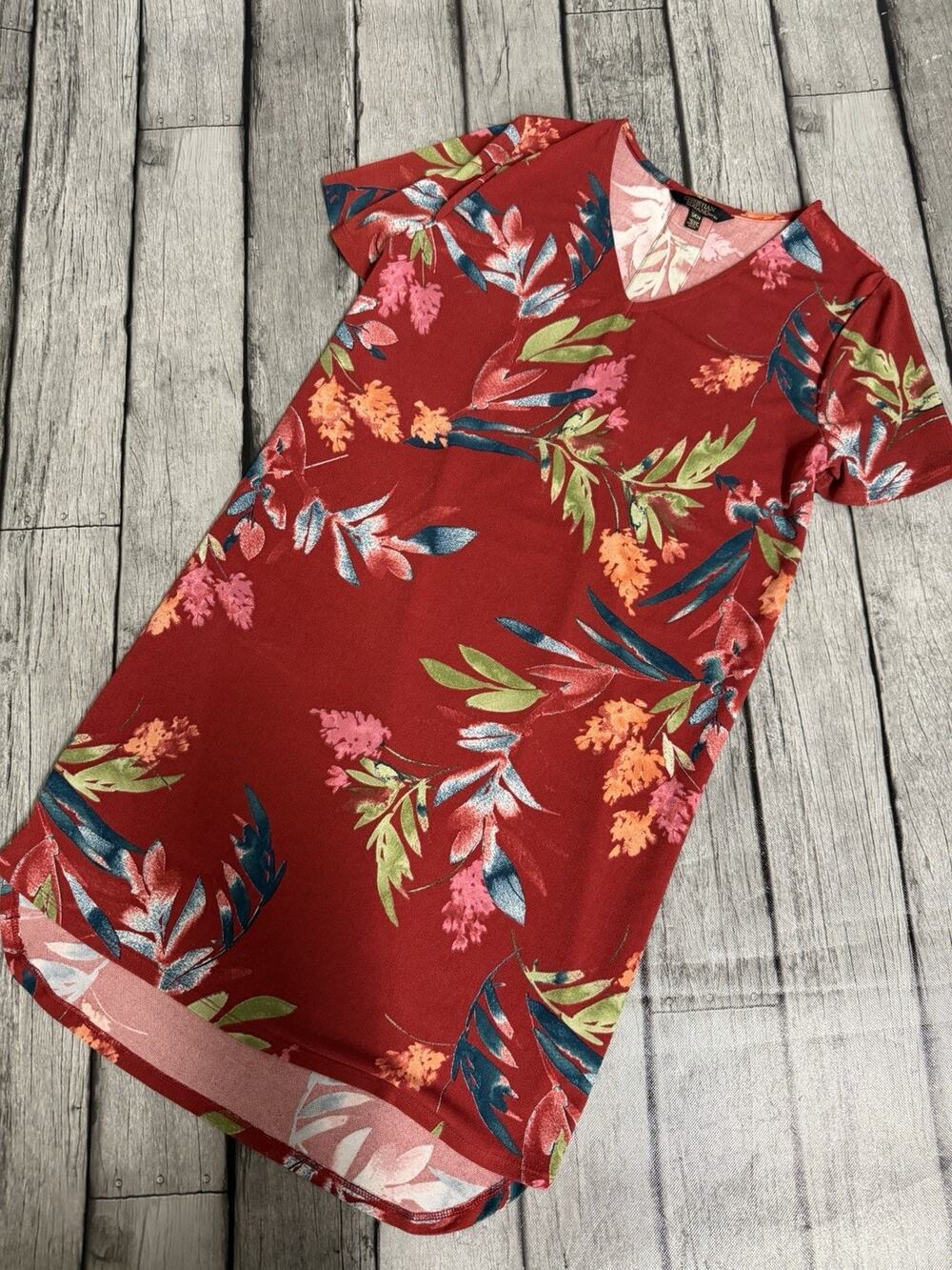 Women's Christian Siriano Shift Dress Red Floral Tropical Stretch SS Sz Small